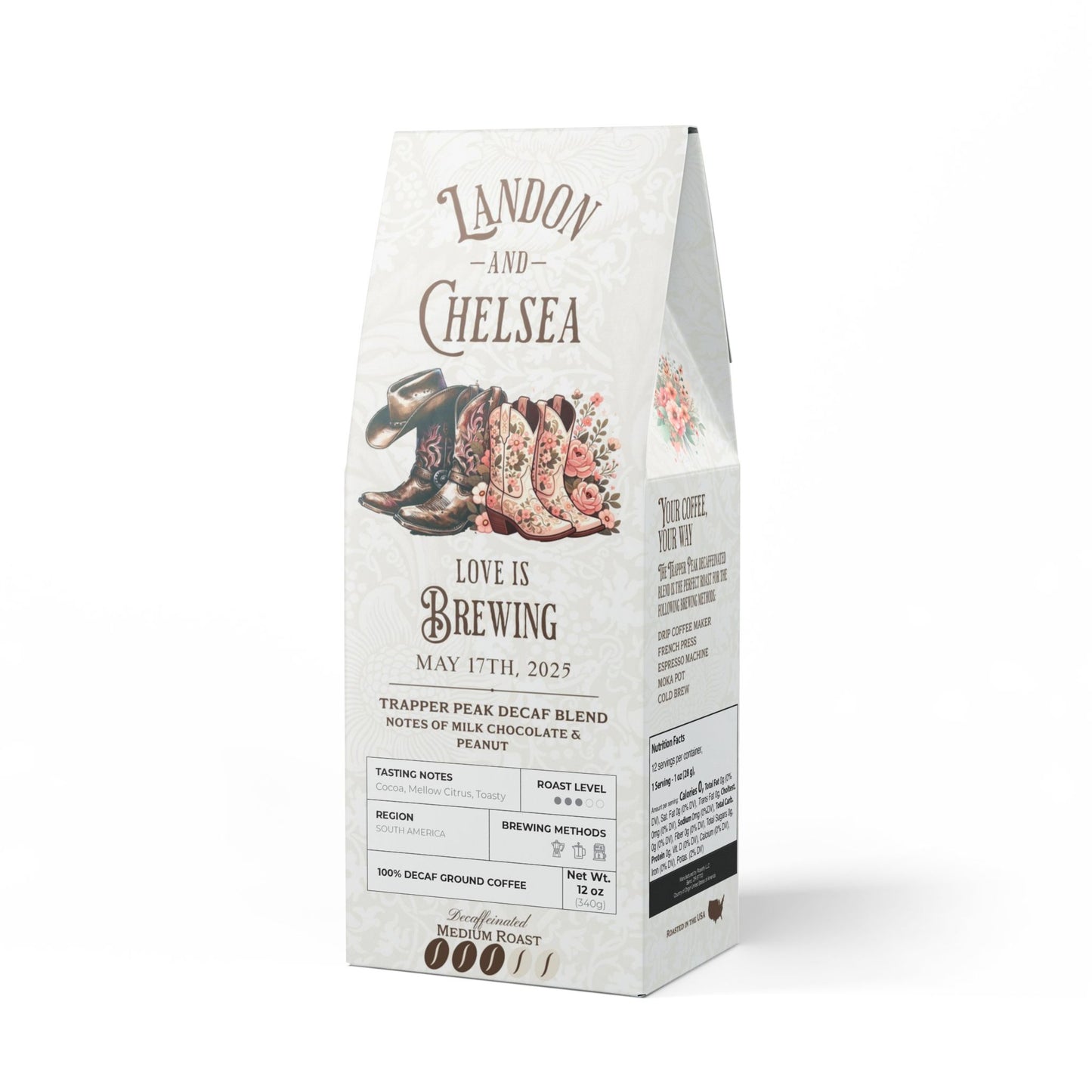 Wedding Favor Cowboy Boots Trapper Peak Decaf Blend (Medium Roast)