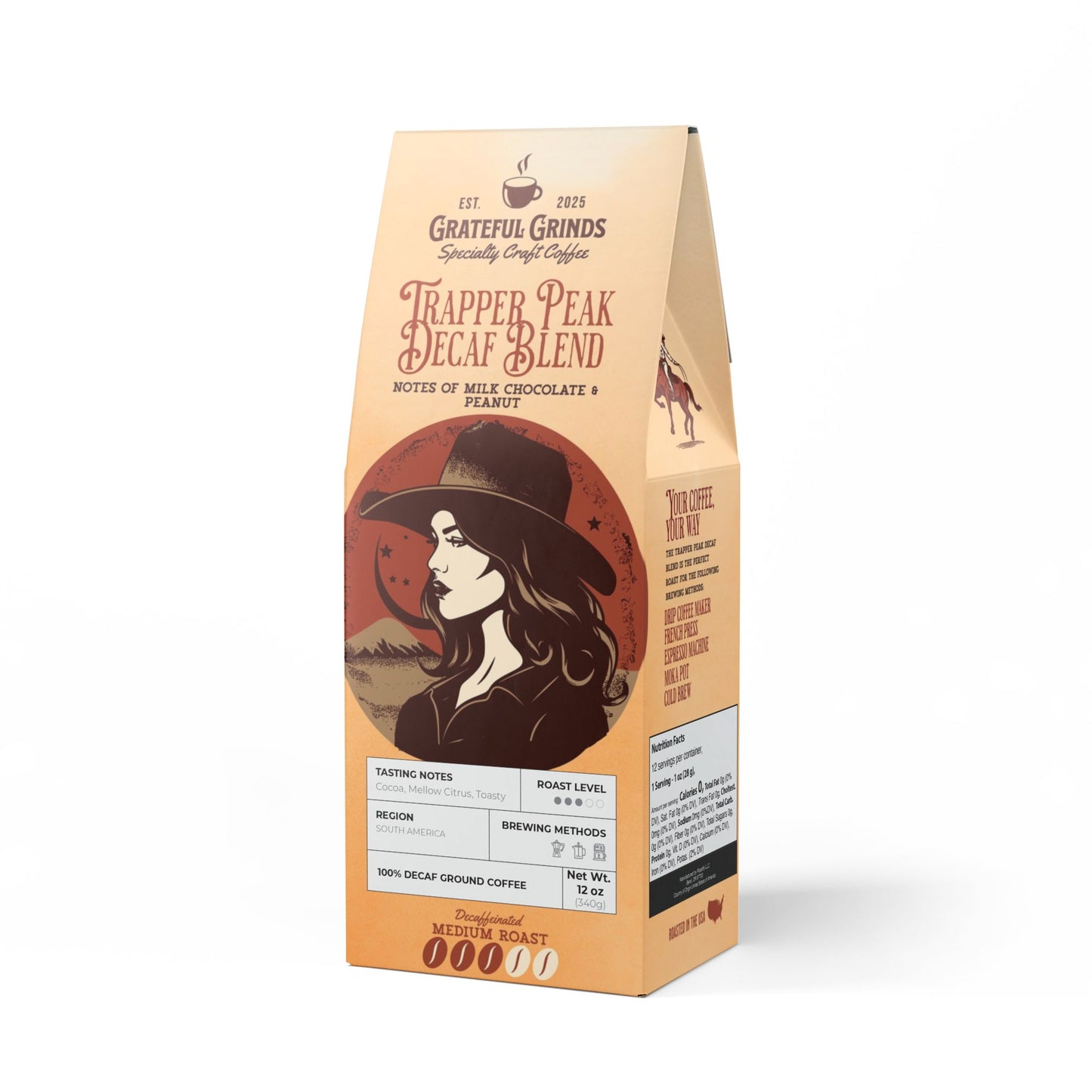 Signature Trapper Peak Decaf Coffee Blend Cowgirl Design (Medium Roast)